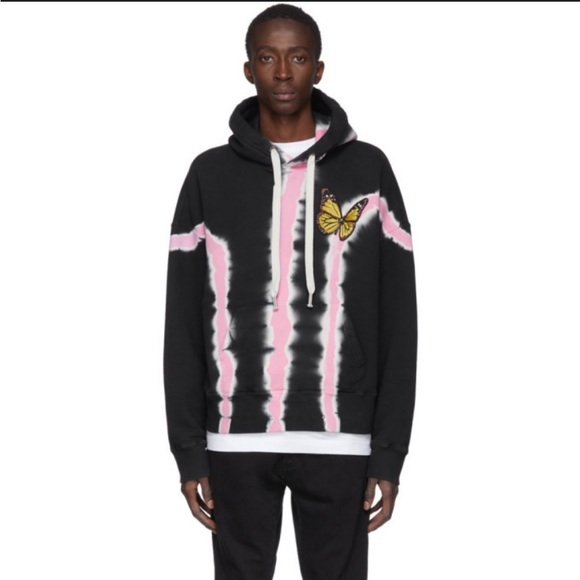 Palm Angels Unisex Black and Pink Tie-Dye Butterfly Sweatshirt Hoodie Sz XL